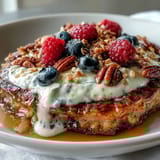 A close-up view of a hearty Protein Pancake Bowl, featuring fluffy pancakes, sliced bananas, blueberries, strawberries, and crunchy granola for breakfast.