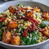 Gluten-free and vegetarian, this nourishing Warm Salad Bowl is topped with tangy crumbled feta and crunchy toasted pumpkin seeds for texture.