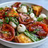 Fresh mozzarella balls and sliced heirloom tomatoes for a Caprese Salad Bowl, drizzled with balsamic and topped with crispy bread.