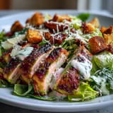 Caesar Chicken Bowl topped with crunchy croutons and creamy dressing ready to enjoy.