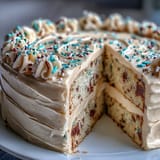 Festive Class of 2026 Confetti Cake finished with smooth, bubbly champagne frosting.