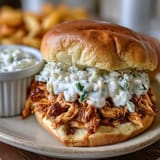 Loaded pulled chicken sandwiches with creamy Alabama white sauce on toasted buns.