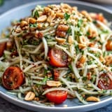 Vibrant Thai Papaya Salad with Peanuts, bright lime dressing, freshly made.