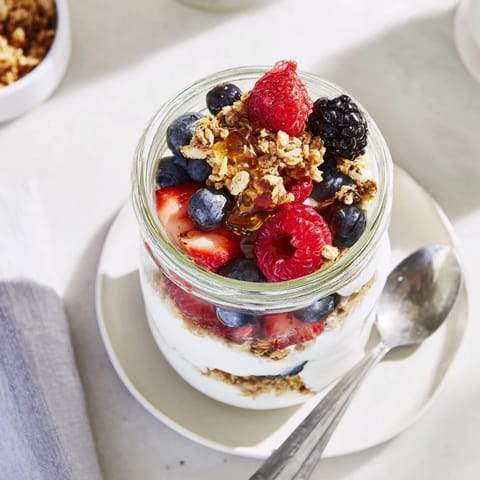 Clear glasses display vibrant layers of creamy yogurt, crunchy granola, and fresh mixed berries for this easy Berry Parfait.