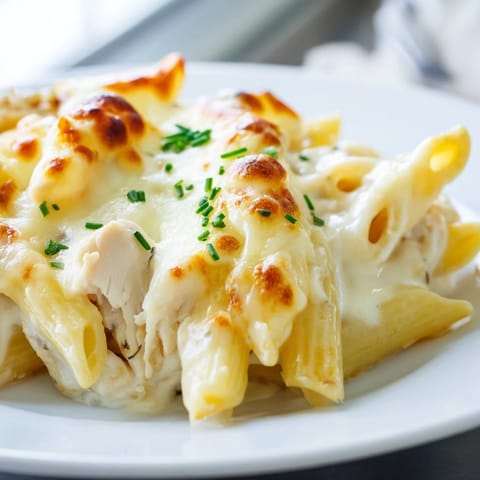 A close-up of Chicken Ranch Pasta Bake with bubbly cheese, penne pasta, and chopped chives, fresh from the oven.  