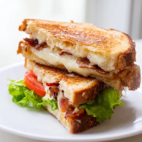Hearty Vegan Bacon BLT Grilled Cheese, perfectly toasted and layered with plant-based ingredients for a satisfying meal.  