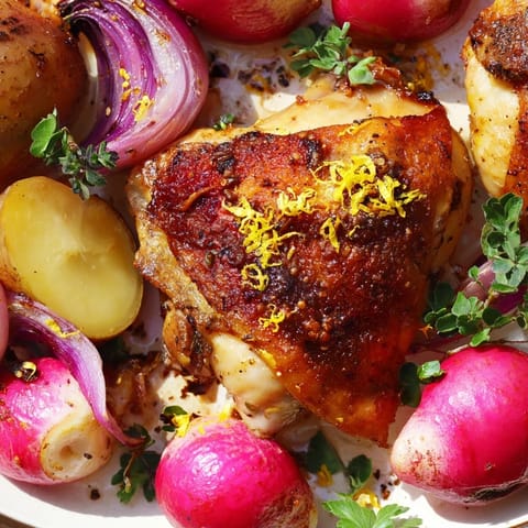 A close-up of juicy chicken thighs and caramelized baby potatoes with bright radishes on a baking sheet.