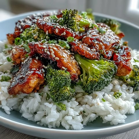 Golden chicken pieces and steamed broccoli atop fluffy rice in One Pan Honey Garlic Chicken Broccoli Rice, garnished with sesame seeds.