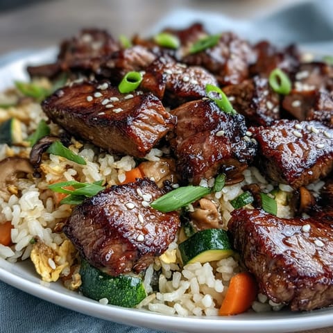 Cubes of marinated sirloin steak sear quickly in a hot wok alongside colorful diced vegetables for this Easy Hibachi Steak With Fried Rice.