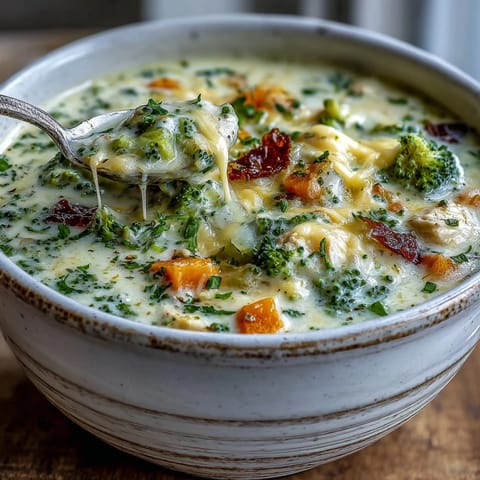 Creamy Chicken Broccoli Cheddar Soup served with a side of crusty bread for dipping.  