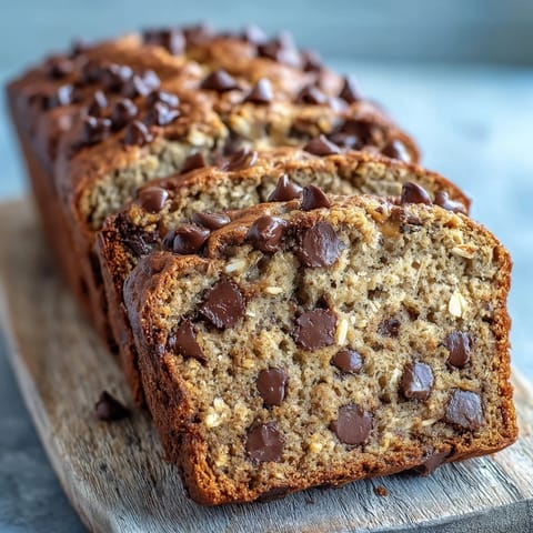 Moist chocolate chip peanut butter banana bread with gooey chocolate chips and oats.