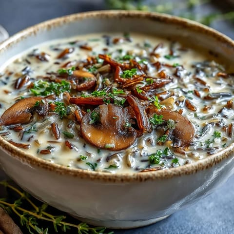 Earthy Wild Rice Mushroom Soup simmering on the stove with aromatic thyme and rosemary herbs.
