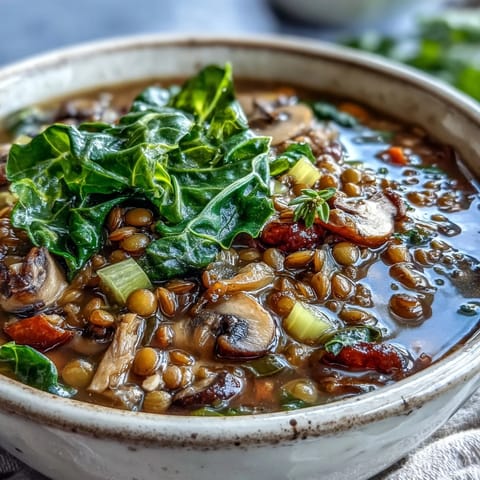 Steaming bowl of Double Lentil and Mushroom Barley Soup topped with fresh parsley, showcasing hearty red lentils.