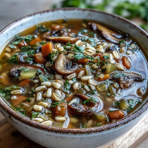 Steaming bowl of homemade Mushroom Barley Soup, featuring tender shiitake, carrots, and celery in a rich broth.