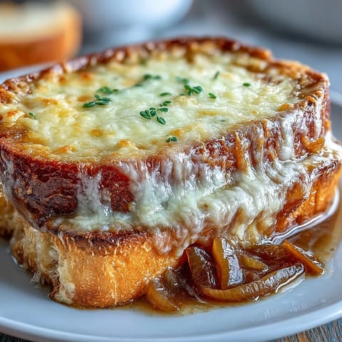 Golden, bubbly cheese crust on Classic French Onion Soup served with fresh thyme.