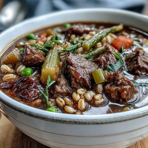 Tender beef and pearl barley simmered with carrots in a rich broth, served steaming in a rustic bowl.