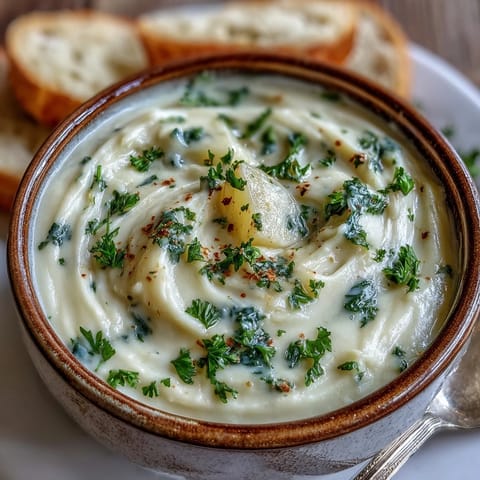 Velvety Creamy Potato Soup with Cabbage served steaming hot in a rustic bowl with a chunk of crusty bread.