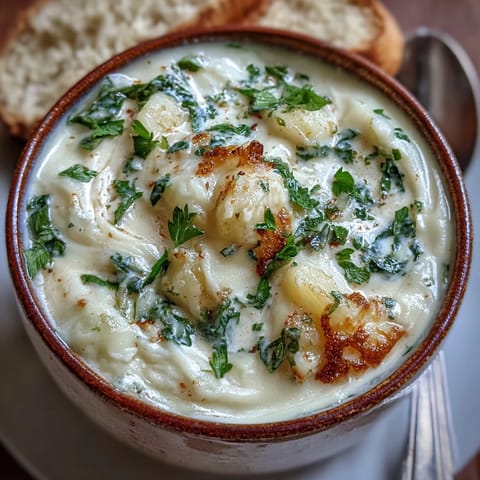 A close view of Creamy Potato Soup with Cabbage garnished with fresh parsley and a swirl of rich cream.