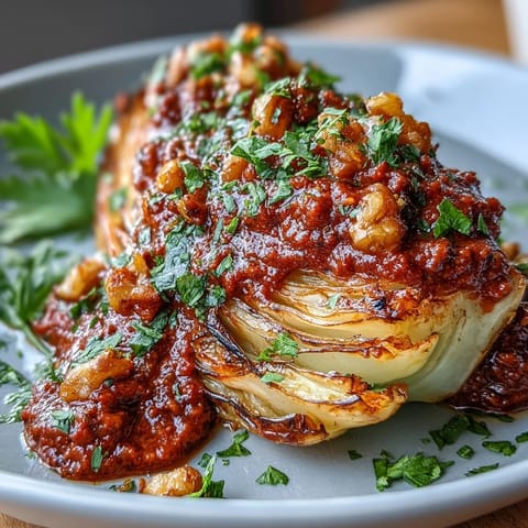 Roasted Baked Cabbage Salad with Winter Romesco on a platter, garnished with parsley and lemon wedges for brightness.