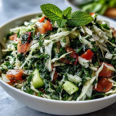 A vibrant bowl of Lebanese Cabbage Salad with fresh parsley, mint, and a zesty lemon-olive oil dressing.