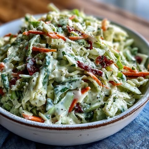 Freshly tossed Coleslaw with creamy dressing in a chilled bowl, ideal for a crunchy picnic side.