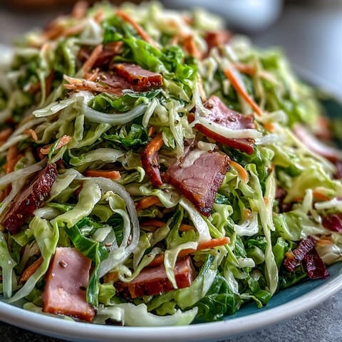 Freshly tossed German Cabbage Coleslaw With Shredded Ham displays crisp green and red cabbage, grated carrots, and savory smoked ham pieces glistening with tangy dressing.