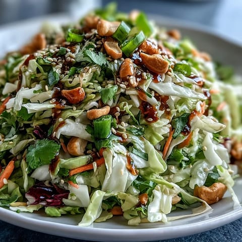 Crunchy roasted cashews and toasted sesame seeds garnish this vibrant Asian Cabbage Salad, served in a white bowl ready for a barbecue.