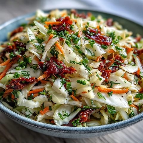 A vibrant bowl of Cabbage Salad With Sundried Tomatoes, tossed with crisp purple and green cabbage and sweet, chewy tomato pieces.