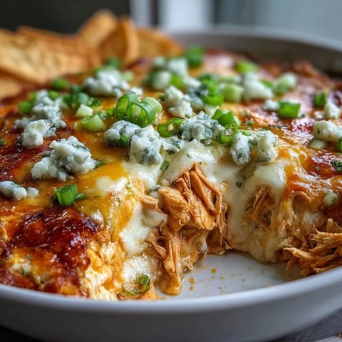 Sizzling hot Buffalo Chicken Dip topped with melted cheddar and fresh green onions on a ceramic dish.