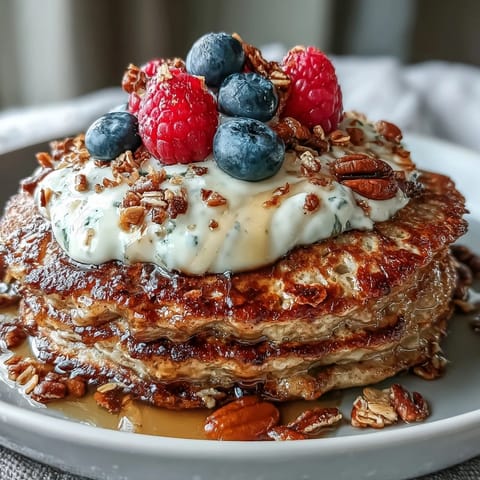 Golden Protein Pancake Bowl filled with warm banana-oat pancakes, topped with creamy Greek yogurt, fresh berries, nuts, and a honey drizzle.