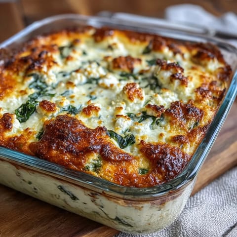 Golden, cheesy High Protein Spinach Artichoke Bake fresh from the oven with a bubbly, browned top.