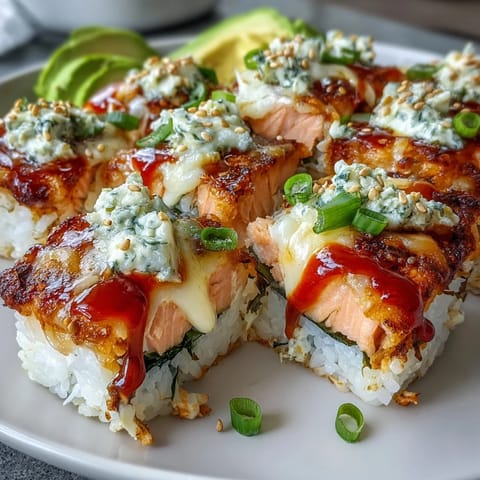Freshly baked Spicy Salmon Sushi Bake with a drizzle of sriracha mayo, served on a wooden table. 