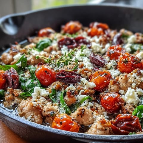 Freshly cooked Mediterranean Keto Ground Chicken Skillet in a cast iron pan with juicy tomatoes, Kalamata olives, and crumbled feta, garnished with parsley.