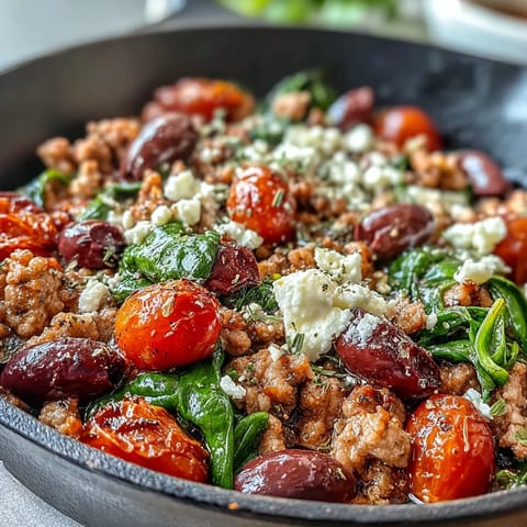 Colorful Mediterranean Keto Ground Chicken Skillet topped with green spinach and feta, served hot and ready to enjoy for a healthy low-carb weeknight dinner.