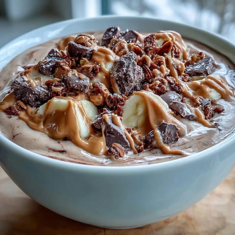 Creamy chocolate peanut butter smoothie bowl topped with banana slices, chopped dark chocolate, and granola, served in a white bowl.