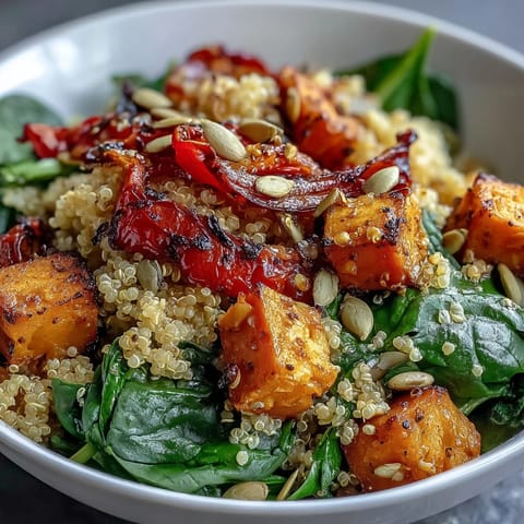 The Warm Salad Bowl features roasted sweet potatoes and red peppers over fluffy quinoa, tossed with wilted spinach and a vibrant warm vinaigrette.
