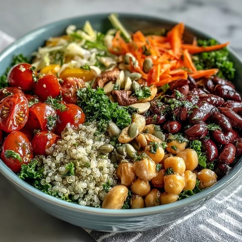 Bright and colorful Rainbow Salad Bowl with quinoa, fresh veggies, and crunchy nuts, served in a white bowl.