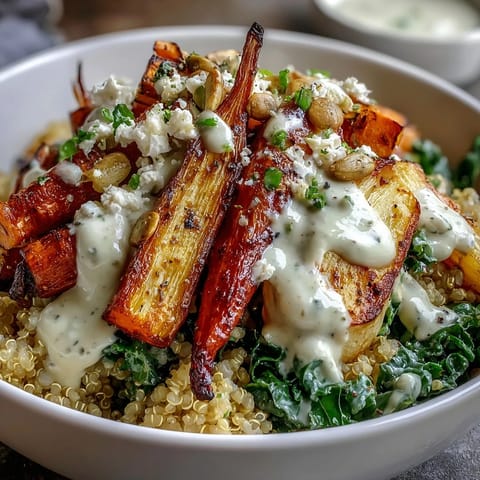 Golden roasted root vegetables and sautéed kale top this Hearty Winter Grain Bowl, drizzled with creamy tahini dressing.