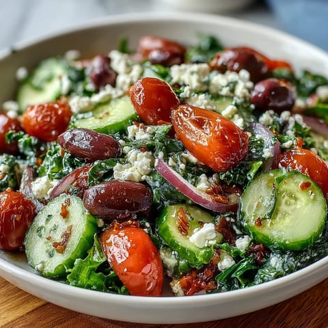 A close-up of a Mediterranean Green Salad Bowl with cherry tomatoes, cucumbers, Kalamata olives, and feta cheese on a rustic wooden table.
