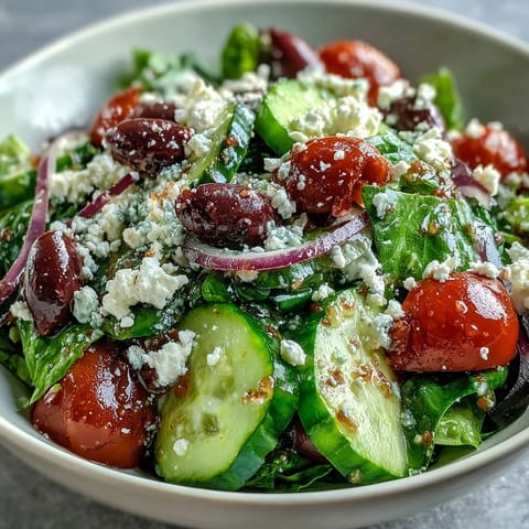 A vibrant Mediterranean Green Salad Bowl tossed with tangy Greek dressing, ready to serve with extra crumbled feta on top.