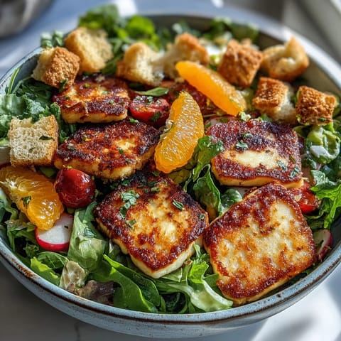 Golden-fried halloumi and blood orange segments on a bed of fresh salad greens with crispy sourdough croutons.