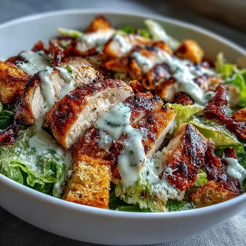 Juicy grilled chicken slices over crisp romaine lettuce for a Caesar Chicken Bowl.