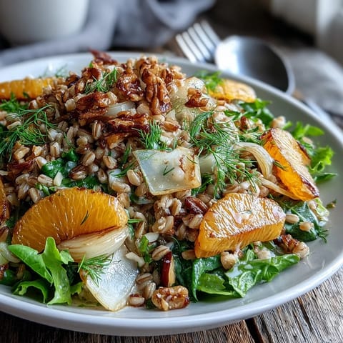 This Mediterranean Farro Salad Bowl with Fennel, Oranges & Almonds is tossed in a zesty orange vinaigrette.