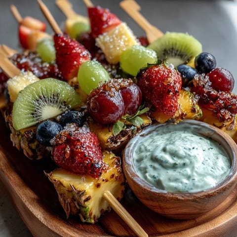 Vibrant fruit kabobs paired with creamy yogurt dip and mini sandwiches in a playful bento box.