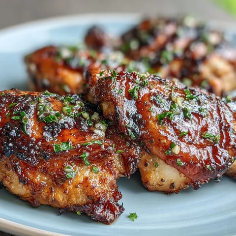 Grilled honey garlic chicken thighs with caramelized edges and juicy meat on a serving platter.