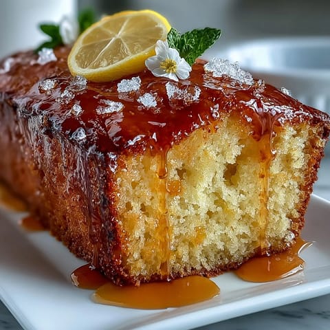 A golden lemon drizzle cake with tangy glaze and vibrant edible flowers, perfect for Mothers Day celebrations.