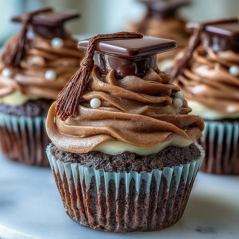 Celebrate graduation with festive cupcakes topped with edible chocolate caps and colorful tassels.