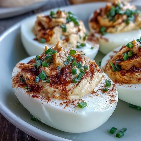 Classic Deviled Eggs with Paprika and Chives, creamy yolk filling piped into egg whites, garnished with smoked paprika and fresh chives.