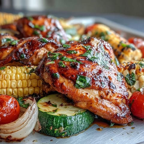 Juicy chicken breasts and summer vegetables roasted together on a sheet pan, bursting with flavor and color.  