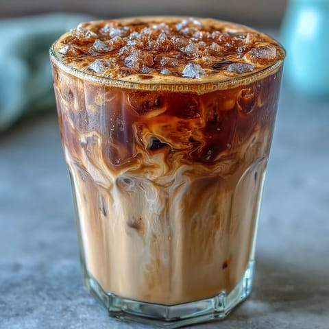 Iced brown sugar oat milk shaken espresso with frothy oat milk and a hint of cinnamon, served over ice in a tall glass.